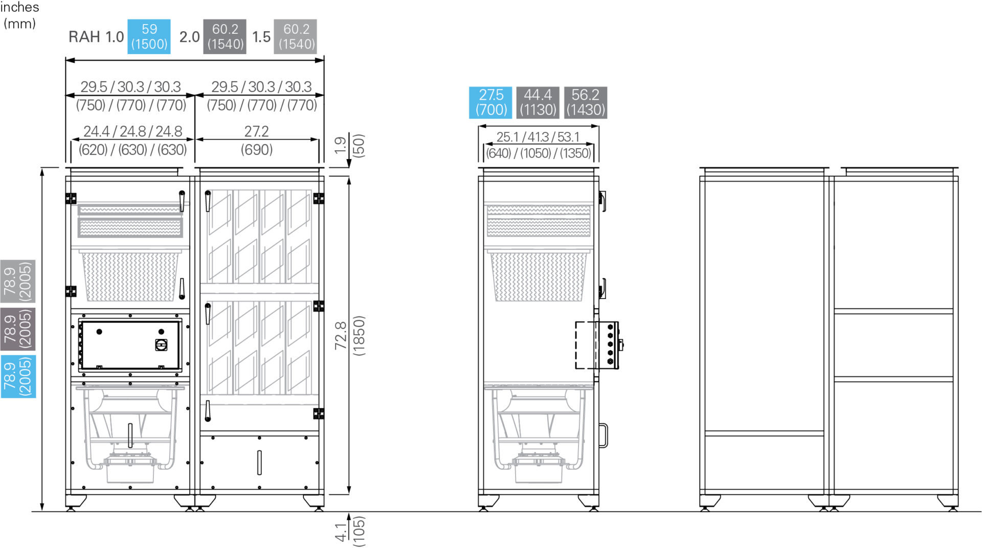 Dimensions for Halton RecoAir Recirculating Units