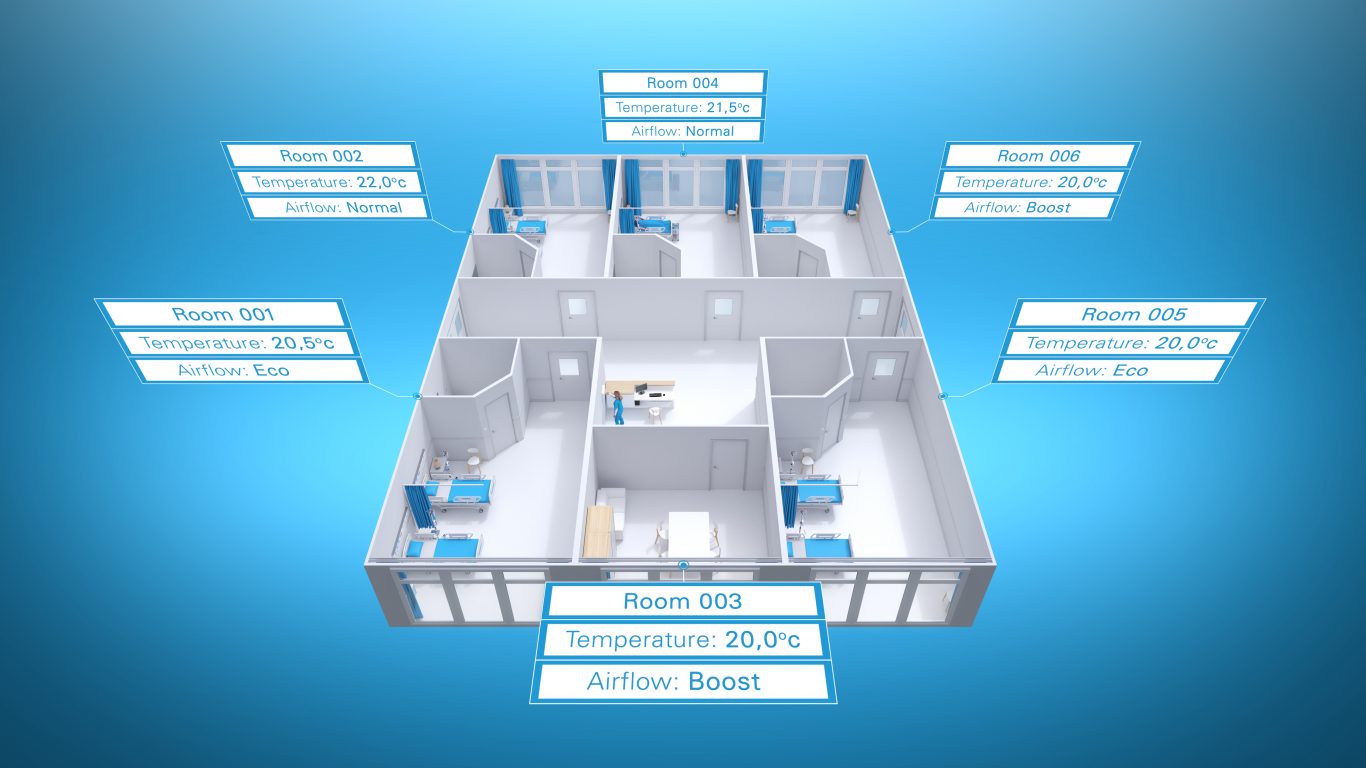 Patient room animation image overview of the rooms