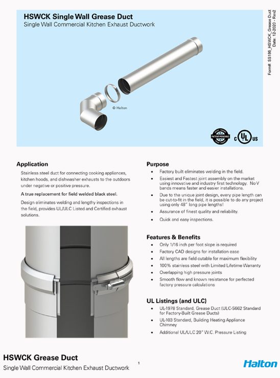 HSWCK Single Wall Grease Duct for Foodservice Applications Halton